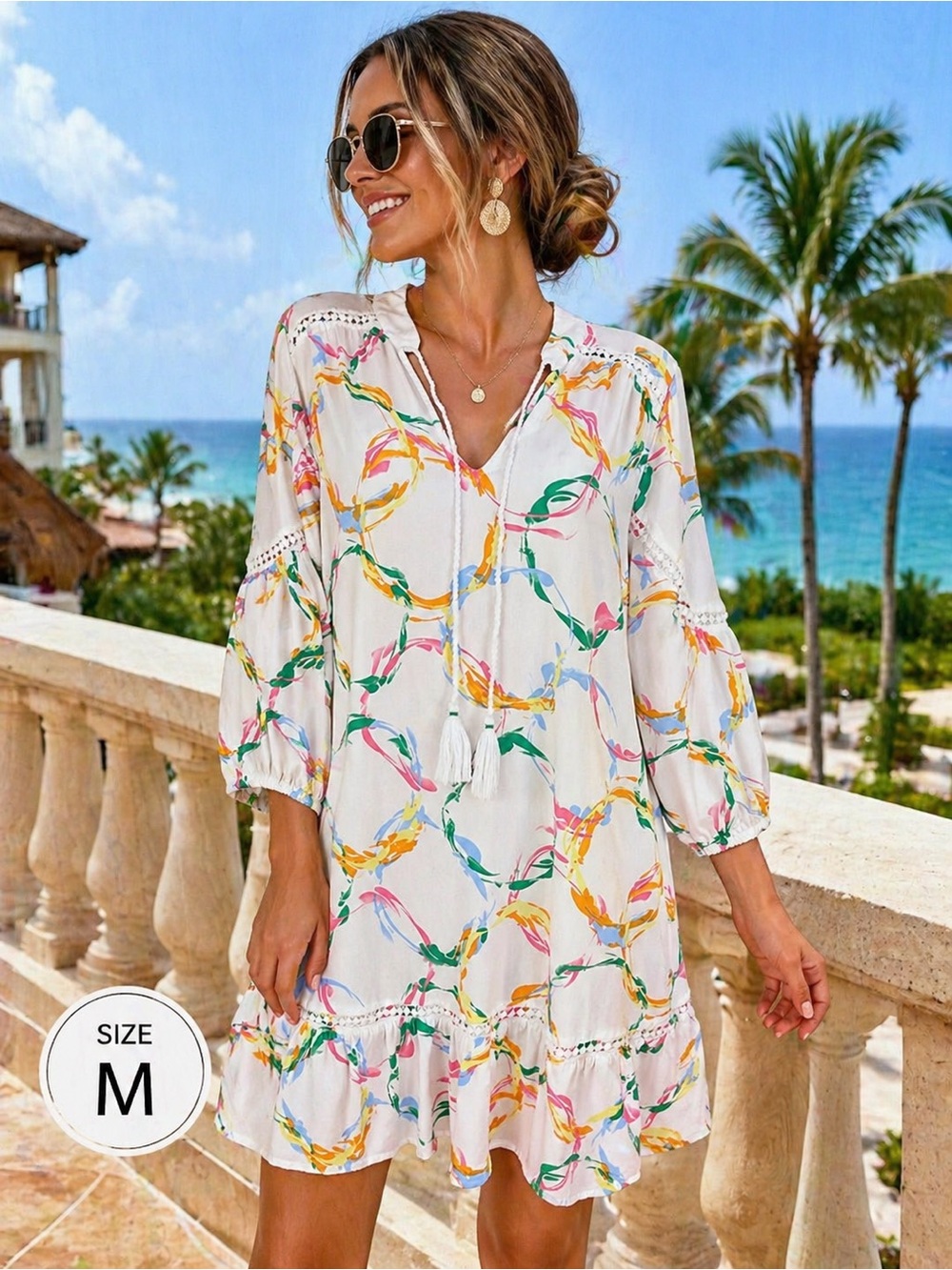 Crown & Ivy Boho Peasant Tunic Dress Tassel Tie Neck Floral Print Flowy M